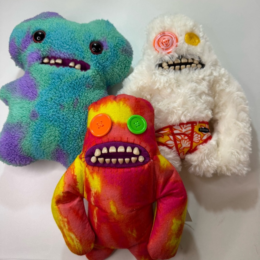 Lot of 3 Fuggler Uglydoll Plush Monsters Button Eyes Tie-Dye & Fuzzy Sasquooch